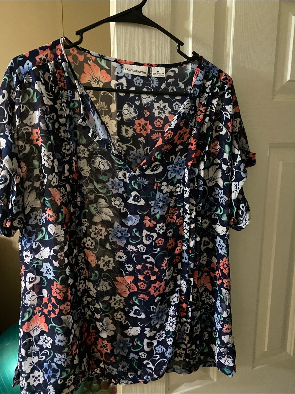 Liz Claiborne Flowy Navy Floral V-Neck Blouse